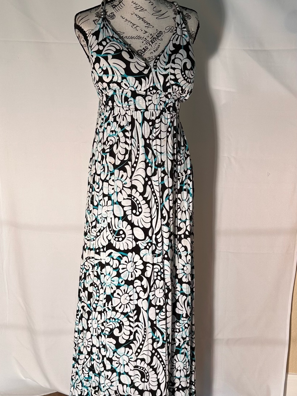 Allison Brittney Black & White Floral Halter Maxi with Teal Accents